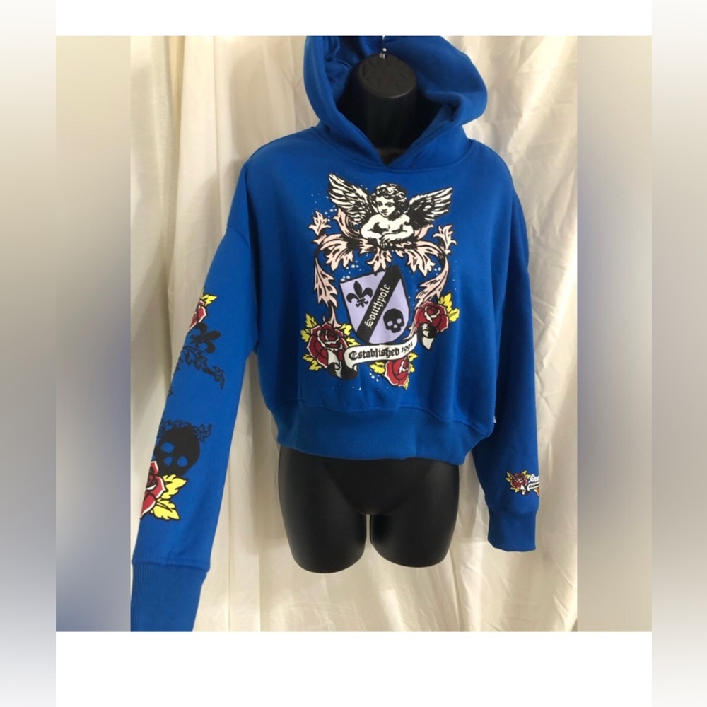 Southpole blue fleece red rose floral print y2k embroidered hoodie size medium